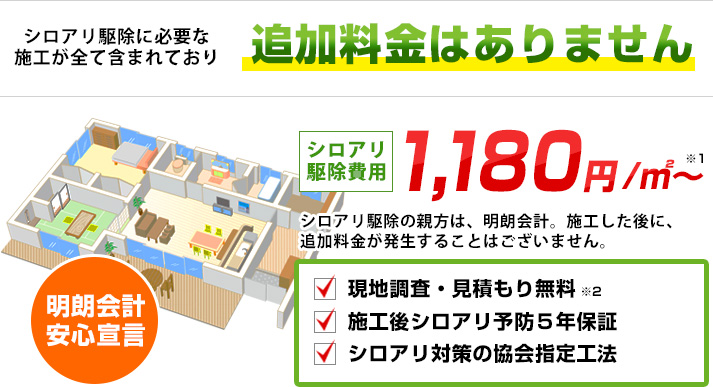 シロアリ駆除に必要な施工が全て含まれており追加料金がありません！シロアリ駆除1,180円/平米～